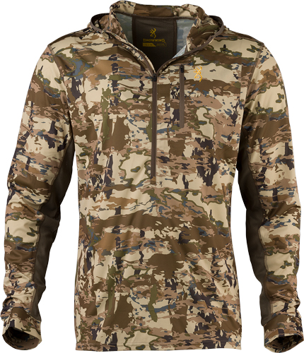 Camouflage hooded jacket with zipper front.