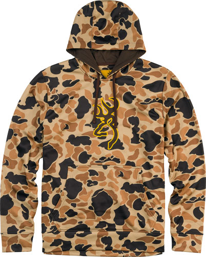 Camouflage hoodie with deer logo design.