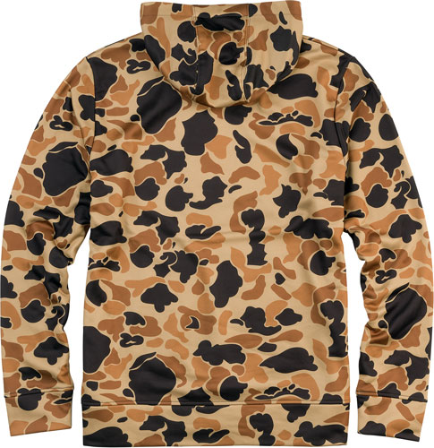 Camouflage hoodie with brown and black pattern.