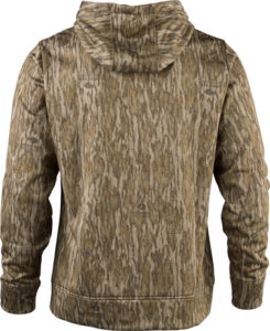Camouflage hoodie with brown and tan pattern.