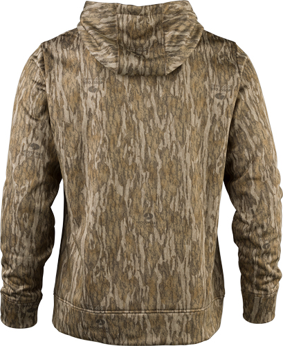 Camouflage hoodie with tree bark pattern, rear view.