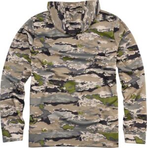 Camouflage hoodie, neutral and green tones, back view.