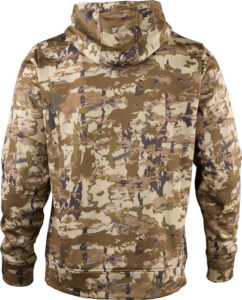 Camo-patterned hooded sweatshirt, back view.