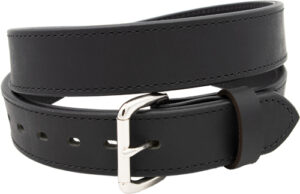 Black leather belt with silver buckle