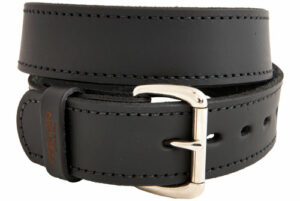 Black leather belt with silver buckle.