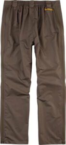 Brown waterproof pants with elastic waistband.