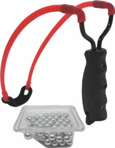 Slingshot with red bands and metal ammo