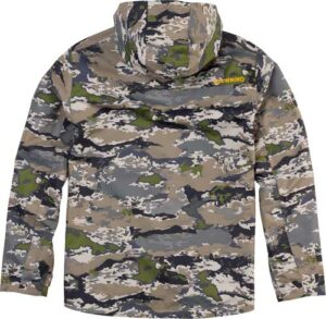 Camo jacket with hood and camouflage pattern