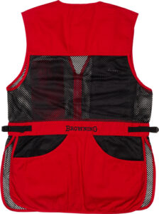 Red and black mesh shooting vest, rear view.