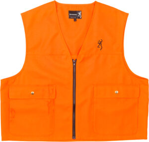 Bright orange utility vest with two pockets and zipper.