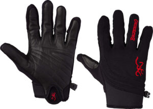 Black hunting gloves with red logo and stitching.