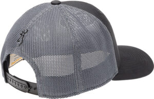 Black and gray mesh baseball cap back view.