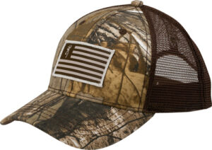 Camo trucker hat with logo patch
