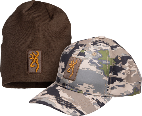 Camo cap and brown knit hat with logo