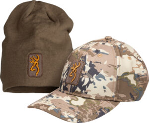 Camouflage cap and brown beanie with logo.
