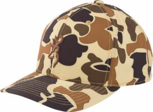 Camo baseball cap with brown and beige pattern.