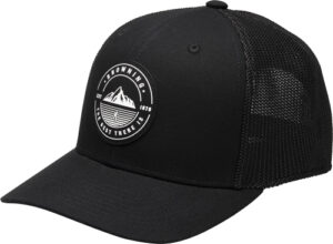 Black mesh trucker hat with mountain logo patch