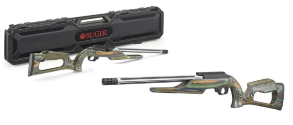 Ruger gun with case, multicolor stock, long barrel.