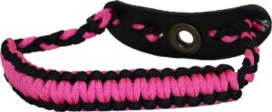 Pink and black paracord bracelet with loop clasp.