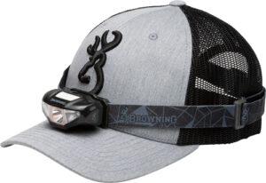 Gray cap with attached headlamp for outdoor use.