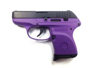 Purple handgun, Ruger LCP model on white background.