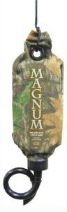 Camo scent dispenser for hunting with a hanging loop.