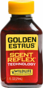 Golden Estrus scent lure bottle for hunting.