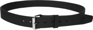 Black leather belt with metal buckle.