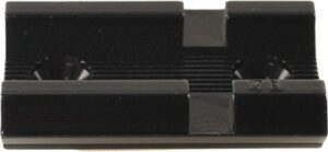 Black metal accessory mount with two screw holes.
