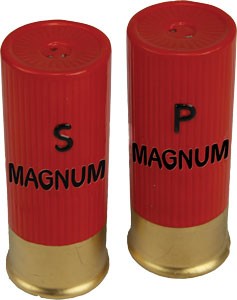Shotgun shell-shaped salt and pepper shakers