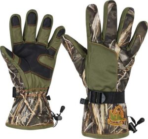 Camouflage winter gloves with adjustable wrist straps.