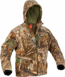 Camouflage hunting jacket with hood and zipper.