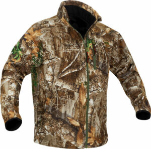 Camouflage hunting jacket with forest pattern design.