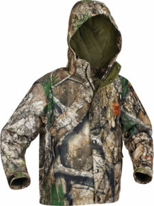 Camouflage hooded jacket for outdoor use.