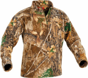 Camo fleece jacket with nature pattern design.