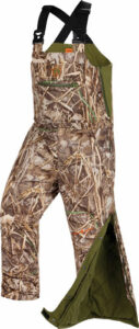Camouflage hunting bib overalls with green lining