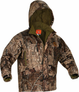 Camouflage hunting jacket with hood, brown pattern.