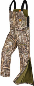 Camouflage hunting bib overalls with suspenders.