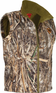 Camouflage sleeveless hunting vest with zipper.