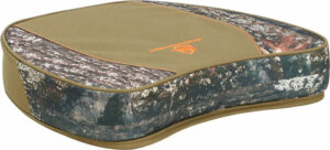 Camo-patterned cushion with rounded edges and brown trim.