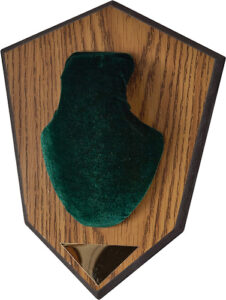 Wood plaque with velvet jewelry display holder.