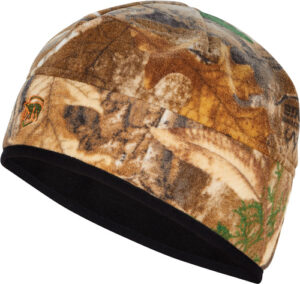 Camouflage winter hat with black lining.