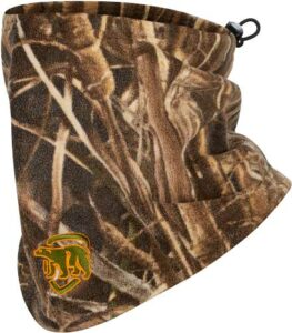 Camo fleece neck gaiter with wildlife design.