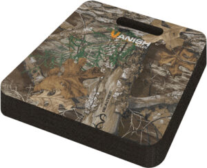 Camouflage seat cushion with tree pattern and handle.
