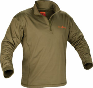 Olive green tactical pullover with long sleeves.
