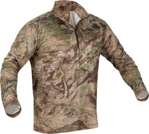 Camouflage long-sleeve shirt with half-zip design.