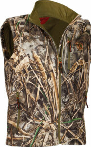 Camouflage hunting vest with multiple pockets.