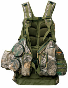 Camo hunting vest with multiple pockets and straps.