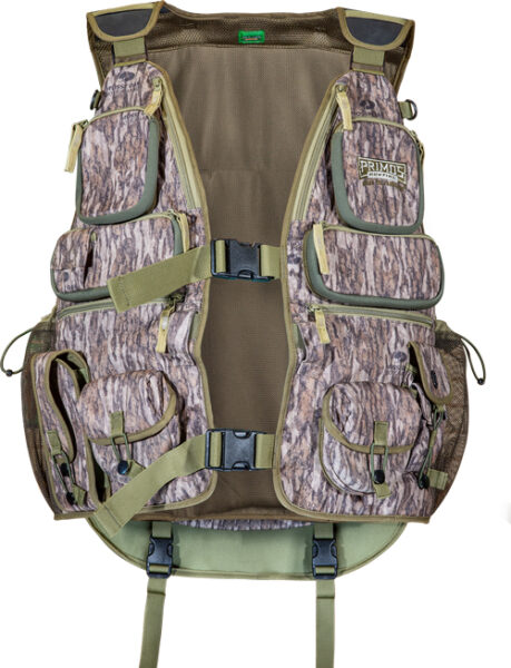 Camo hunting vest with multiple pockets and straps.