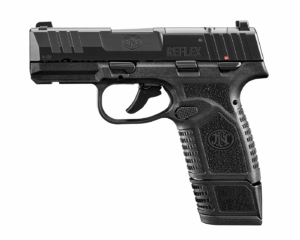 Black handgun with textured grip and reflex sights.
